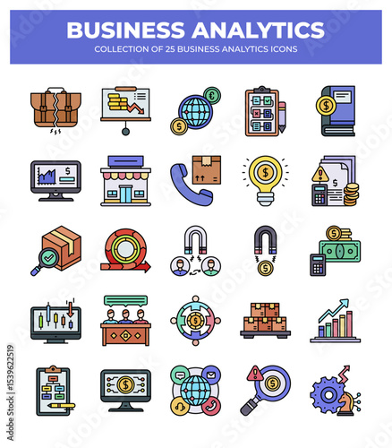 Collection of Business Analytics Icons: Data Analysis. Financial Reports. and Marketing Strategies