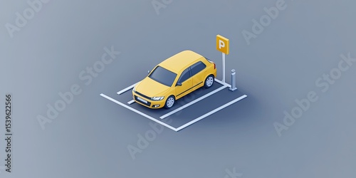 Isometric view of a yellow car parked in a parking space with white lines and a parking sign