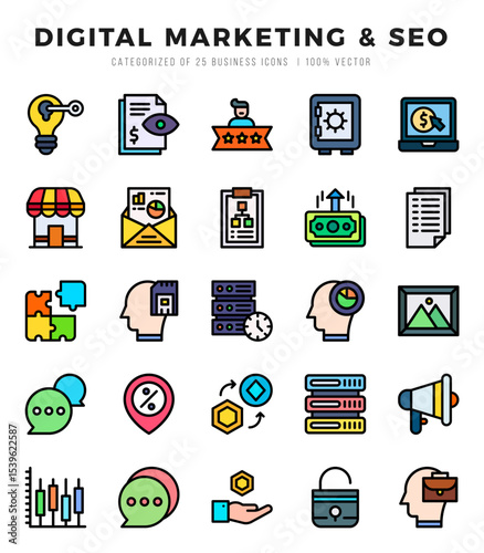 Digital Marketing & SEO Lineal Color icons collection. 25 icon set in a Lineal Color design.