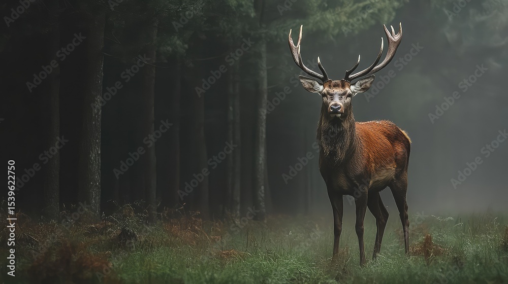 Fototapeta premium Red deer standing proud in a misty morning forest