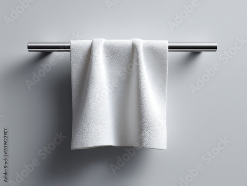 A white towel is hanging on a metal bar photo