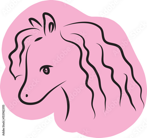 cute horse head with wavy long mane simple curved lines on pink background in irregular teardrop shape side view