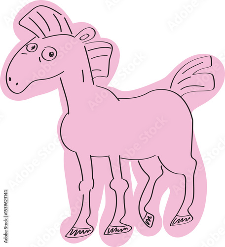 view of a funny horse looking at the camera full length side view drawn with simple black lines colored in pink