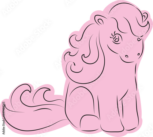 cute pony with beautiful mane sits and shyly looks at camera, casually painted pink