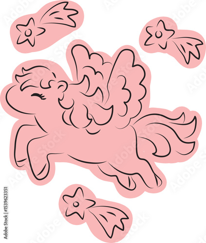 cute happy pegasus flying among comets drawn with simple black curved lines and casually colored with pink color, side view