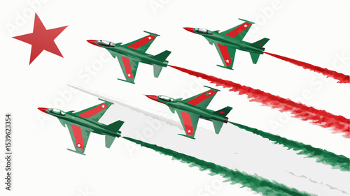 Bangladesh Happy Republic Day Air Force Jets Green Red White Star Formation fighter jets