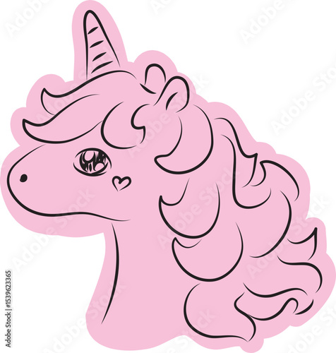 cute unicorn head with curly mane drawn with simple black curved lines and casually colored with pink color, side view