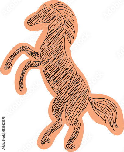 Shaded outline silhouette of a rearing horse, side view, hand drawn with simple black curved lines and loosely colored with warm color