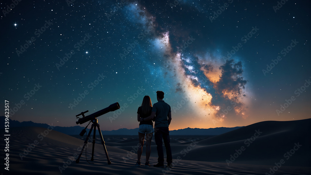 Fototapeta premium Desert Night Romance: A Stargazing Couple's Embrace