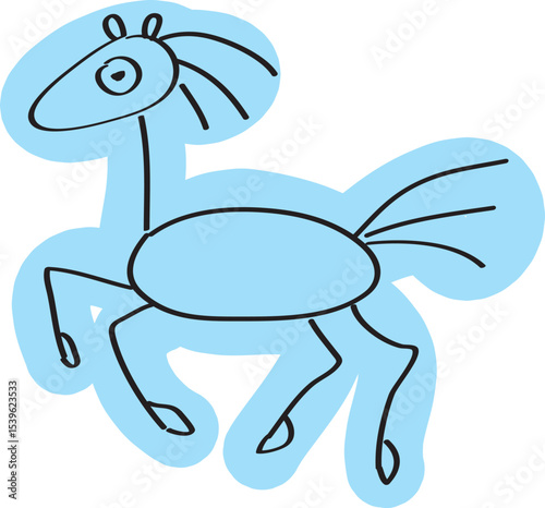 Funny kids drawing of a galloping horse, side view, hand drawn with simple black curved lines and casually colored in blue
