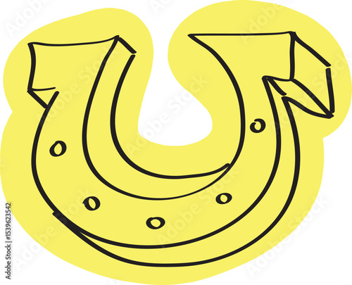 Iron horse lucky horseshoe, hand drawn with simple black curved lines and casually colored in yellow