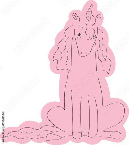 cute big unicorn sitting and looking at camera drawn with simple black curved lines and casually colored with pink color, front view