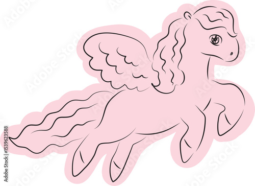 cute flying pegasus with curly mane and tail drawn with simple black curved lines and casually colored with pink color, side view