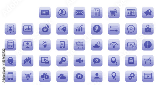 A collection of various digital icons displayed on square buttons, representing different functions and services.