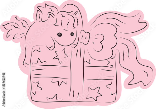 Cute little pony climbed on a gift box with a big bow, drawn with simple black curved lines and casually colored in pink