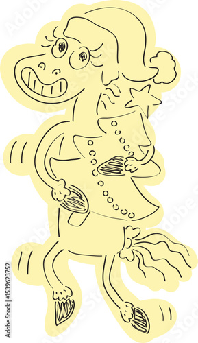 Funny smiling grinning horse in christmas hat holding christmas tree in hands and looking at camera, hand drawn with simple black curved lines and casually colored with yellow color