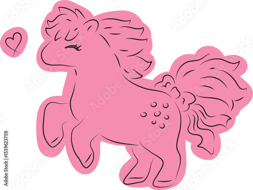 Cute happy little pony with a bow on her tail, side view, drawn with simple black curved lines and casually colored in pink
