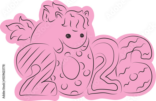 Cute little pony climbed onto the year 2026, drawn with simple black curved lines and casually colored in pink