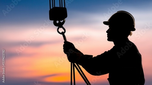 Silhouette Construction Worker Operating Crane at Sunset - Industrial Safety and Technology