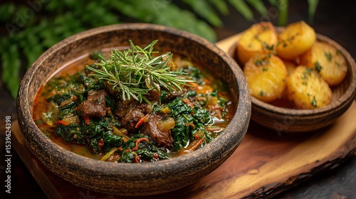 Congolese Fumbwa stew with greens served in bowl