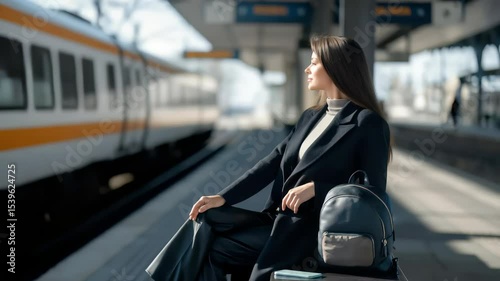Young woman waits patiently at a modern train station with a stylish backpack on a sunny day