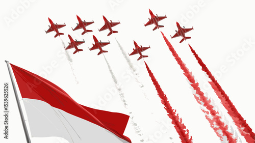 Indonesian Flag Waving with Red Fighter Jets Flying in Formation Leaving Red White Smoke Trails on White Background