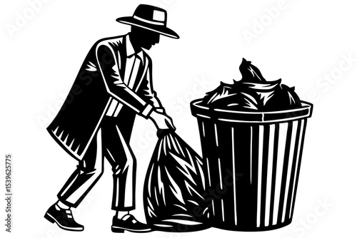 Stylish Man Disposing Waste  A Black and White Illustration of Responsible Disposal