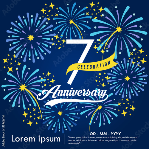 7th years anniversary celebration emblem. congratulations anniversary logo isolated with yellow ribbon and fireworks sparkle on blue background. vector illustration template design for web banner