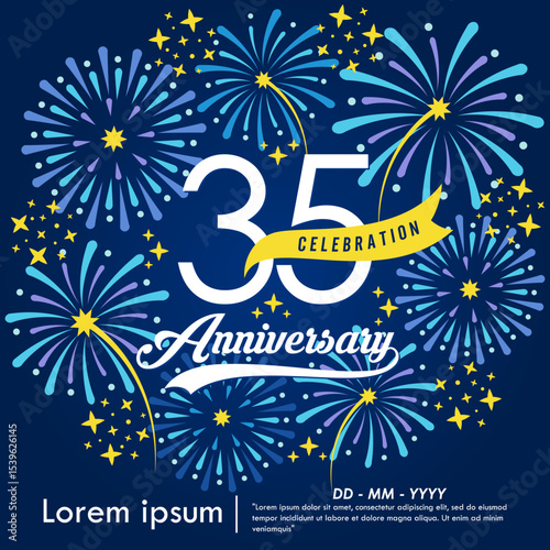 35th years anniversary celebration emblem. congratulations anniversary logo isolated with yellow ribbon and fireworks sparkle on blue background. vector illustration template design for web banner