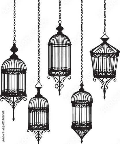 set of birds in cage, cage, bird, birdcage, vintage, prison, freedom, bird cage, empty, jail, vector, illustration, gold, old, antique, open, 3d, metal, birds, church, architecture, trapped, object, b