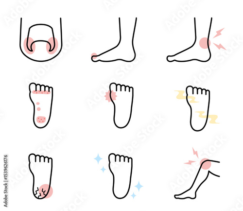 シンプルな足の症状のイラストセット　ベクター
