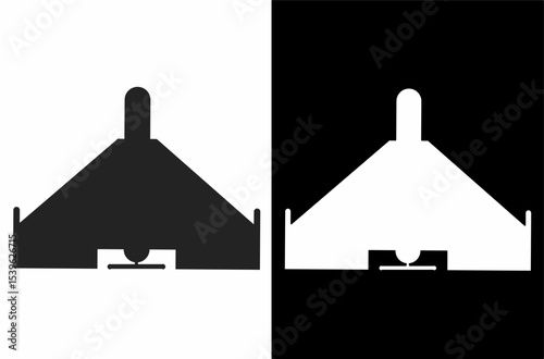 Minimalist vector illustration of a combat drone or military UAV icon in black and white. Ideal for defense, war technology, security systems, and unmanned aerial vehicles concepts.