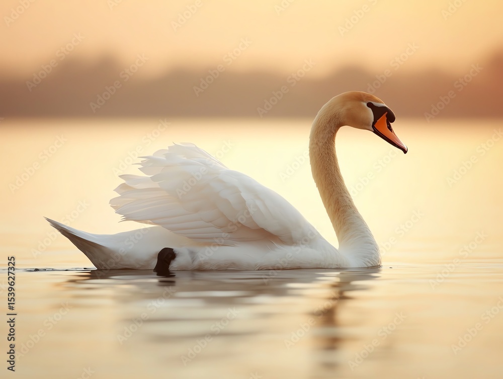 Fototapeta premium A swan gliding across a glassy lake, the soft ripples catching the warm glow of the setting sun