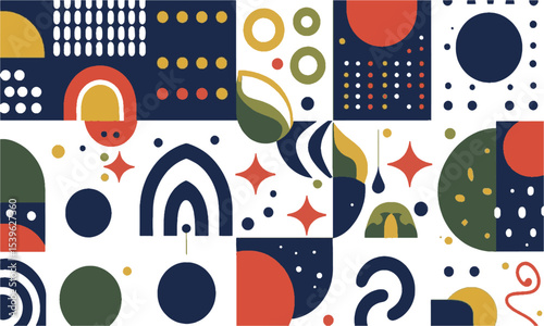 Modern vector illustration featuring a playful abstract geometric and organic shapes, vibrant orange, mustard yellow, forest green, and brick red, each shape, easily editable and scalable.