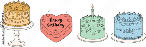Whimsical Birthday Cake Illustrations with Heart Shaped, Baby Theme, and Classic Designs for Festive Celebrations flat vector illustration