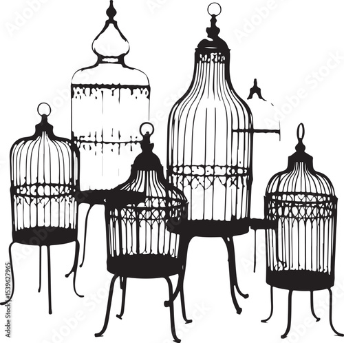 set of birds in cage, cage, bird, birdcage, vintage, prison, freedom, bird cage, empty, jail, vector, illustration, gold, old, antique, open, 3d, metal, birds, church, architecture, trapped, object, b