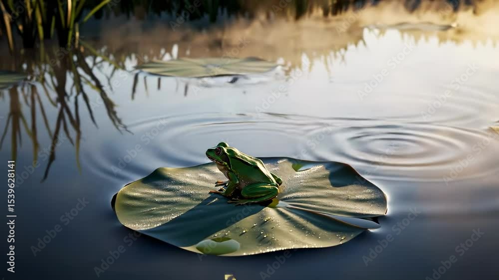 frog animation. A vibrant green frog perched on a lily pad in a serene pond, surrounded by gentle ripples and soft morning light, evoking tranquility in nature