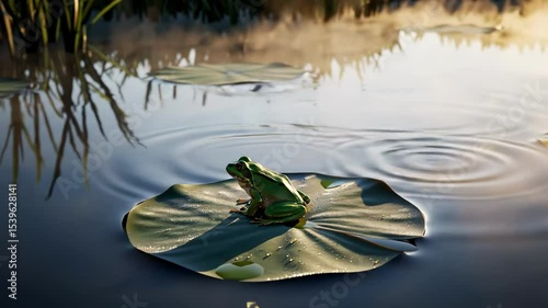 frog animation. A vibrant green frog perched on a lily pad in a serene pond, surrounded by gentle ripples and soft morning light, evoking tranquility in nature