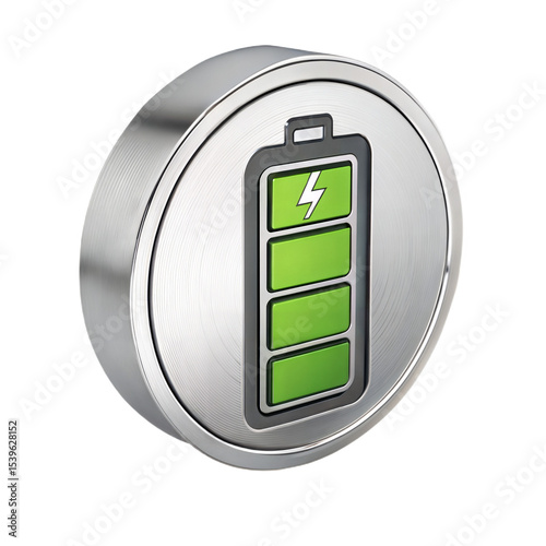 3D Battery Icon in Metallic Material Style on White Background