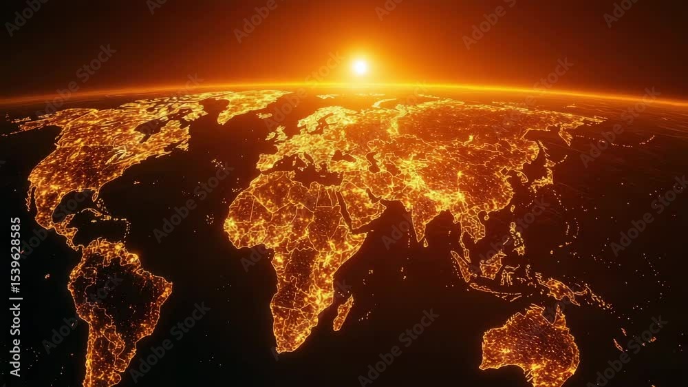 A beautiful sunrise illuminating a glowing map of the world, highlighting urban lights across continents. A beautiful sunrise illuminating a glowing map of the world, highlighting urban lights across continents.