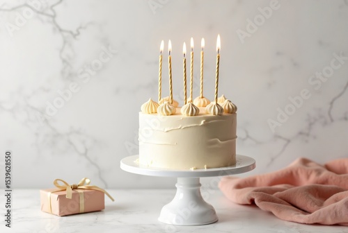 Minimalist Birthday Cake Setup with White Cake Stand and Gift