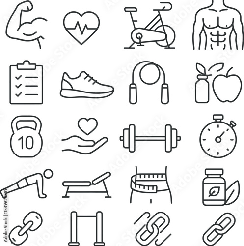 Fitness and workout icon set editable line graphics