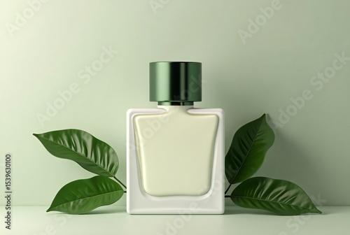 Minimalist Perfume Bottle Packaging with Green Leaves
