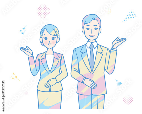 スーツ姿で案内をする男女の上半身イラスト
