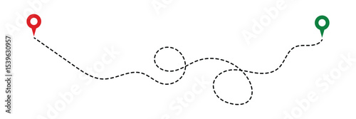 Location routes icon set. Route vector between two points with dotted path and location pin. Location pointer continuous one line drawing. GPS navigation line route mark in eps 10.