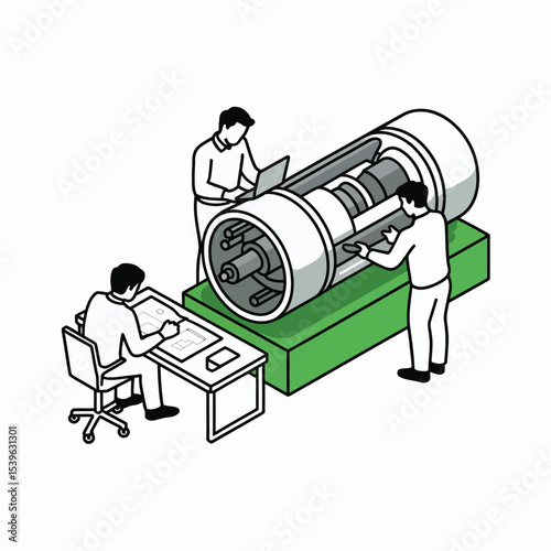 Four Engineers Inspecting Large Industrial Machine Green Base Isometric Illustration team inspection