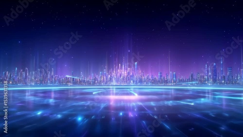 Futuristic City Skyline with Neon Lights Reflecting on a Shimmering Digital Surface at Night