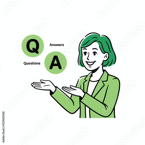 Friendly woman green hair presenting Q A questions answers illustration short