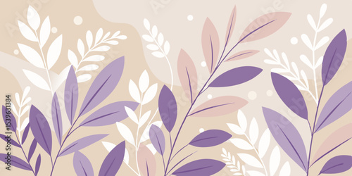 Botanical arrangement featuring purple white and pink leaves on a light beige background with soft shapes
