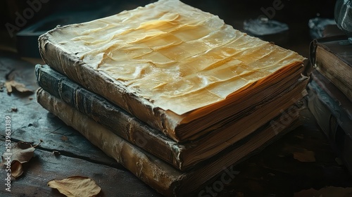 Melted wax over books with texture trails antique pages and symbolic depth ideal for mystery or creative concepts